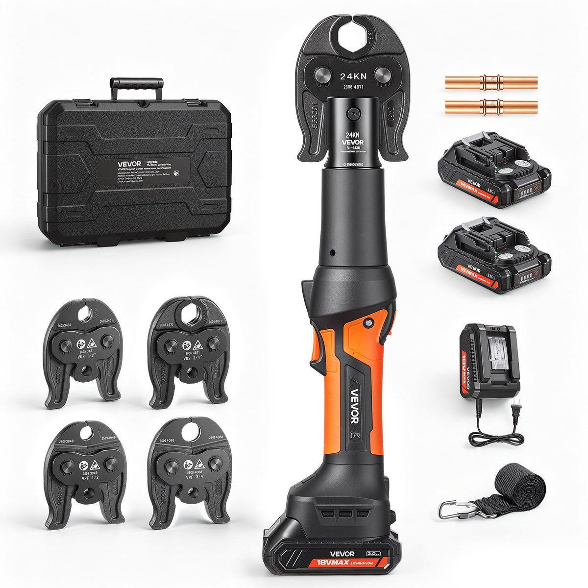 VEVOR 18V Press Tool with 4 Jaws for 1/2" 3/4" VUS Copper & VPF PEX Pipes, 24KN Compact Pipe Crimping Tool Kit, Compatible with ProPress & PureFlow  - with 2pcs 2AH Battery, Fast Charger & Toolbox - DDYJGJYYZTSJVWXGI001V1 - view 1