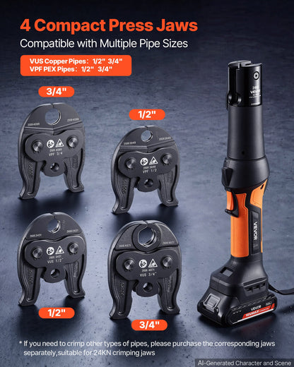 VEVOR 18V Press Tool with 4 Jaws for 1/2" 3/4" VUS Copper & VPF PEX Pipes, 24KN Compact Pipe Crimping Tool Kit, Compatible with ProPress & PureFlow  - with 2pcs 2AH Battery, Fast Charger & Toolbox - DDYJGJYYZTSJVWXGI001V1 - view 6