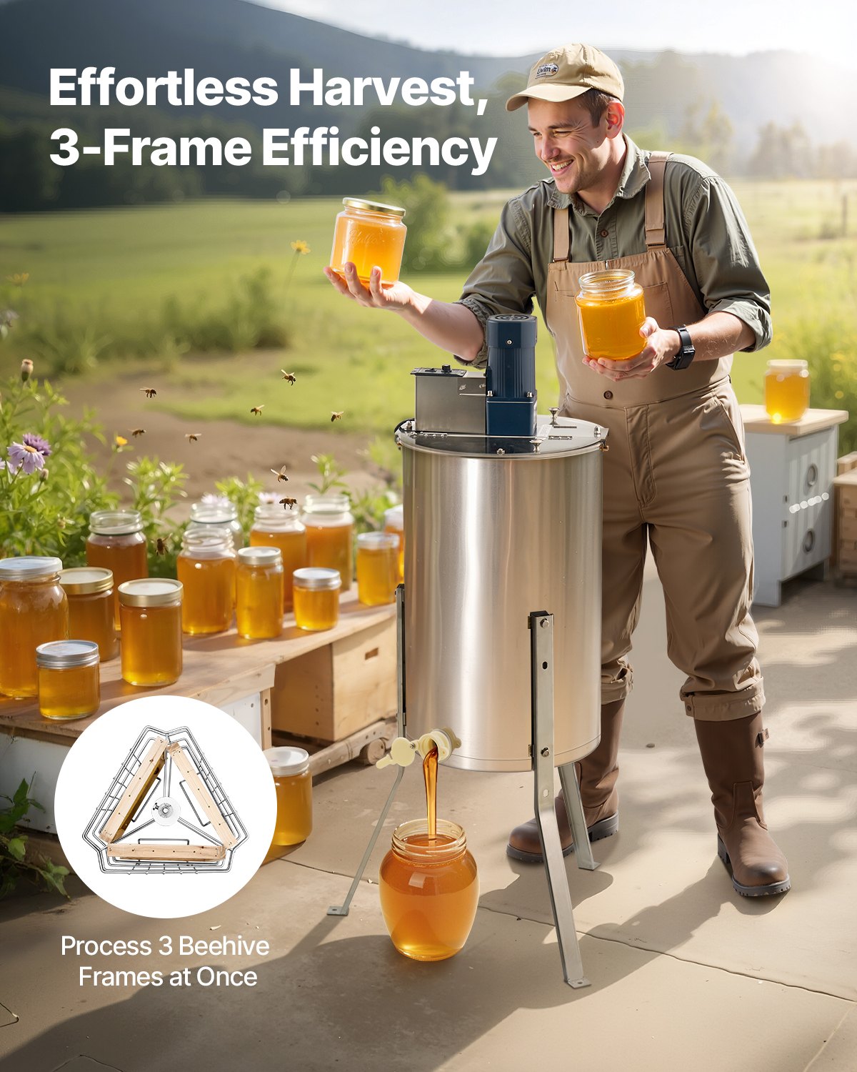 VEVOR Electric Honey Extractor, 3 Frame Honey Spinner with Transparent Lid, 140W Stainless Steel Honeycomb Drum Spinner, Height Adjustable, Honeycomb Extraction Equipment for Beekeeping - DDYMJ30BXG152A6BB001V1 - view 3