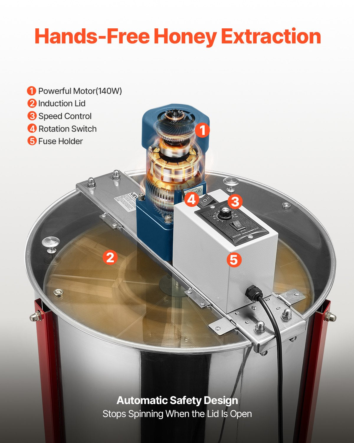 VEVOR Electric Honey Extractor, 6 Frame Honey Spinner with Transparent Lid, 140W Stainless Steel Honeycomb Drum Spinner, Height Adjustable, Honeycomb Extraction Equipment for Beekeeping - DDYMJ30BXG18WQC6L001V1 - view 4