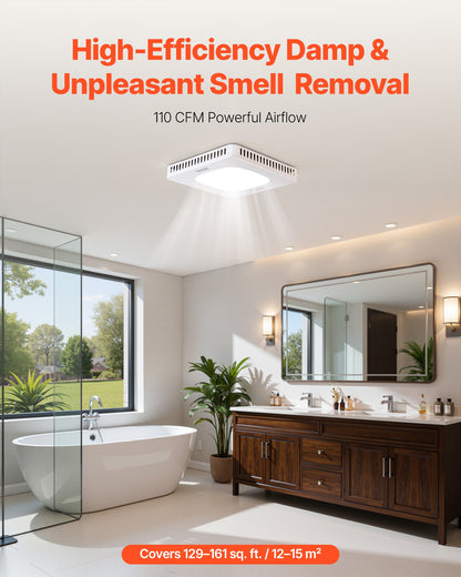 VEVOR Bathroom Exhaust Fan with LED Light, 110 CFM Bathroom Vent Three Gear Color Temp, 1.5 Sones Low-Noise, Premium AC Motor Ceiling Fan for Laundry Room, Storage Room, Home Ventilation, White - DDYSPQSW110CIR0PS001V6 - view 3