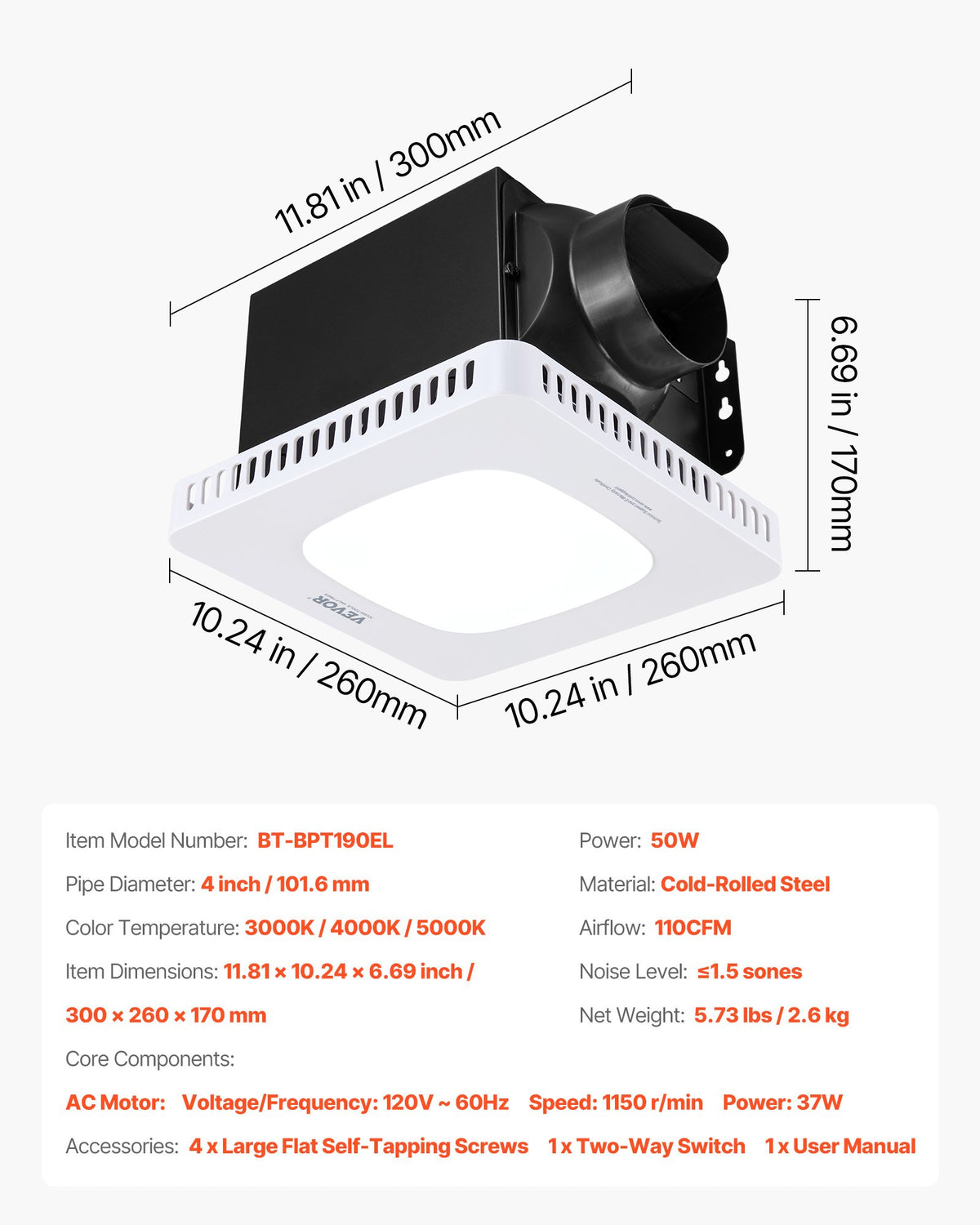 VEVOR Bathroom Exhaust Fan with LED Light, 110 CFM Bathroom Vent Three Gear Color Temp, 1.5 Sones Low-Noise, Premium AC Motor Ceiling Fan for Laundry Room, Storage Room, Home Ventilation, White - DDYSPQSW110CIR0PS001V6 - view 8