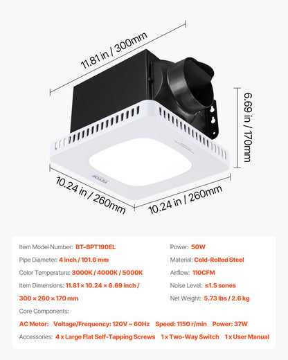 VEVOR Bathroom Exhaust Fan with LED Light, 110 CFM Bathroom Vent Three Gear Color Temp, 1.5 Sones Low-Noise, Premium AC Motor Ceiling Fan for Laundry Room, Storage Room, Home Ventilation, White - DDYSPQSW110CIR0PS001V6 - view 8