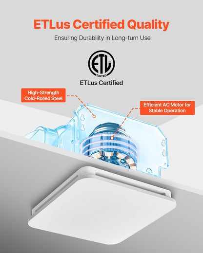 VEVOR Bathroom Exhaust Fan with LED Light, 110 CFM 4000K Bathroom Vent, 1.5 Sones Low-Noise, Premium Motor Ceiling Fan for Laundry Room, Storage Room, Home Ventilation, White - DDYSPQSW110CWJC8T001V6 - view 7