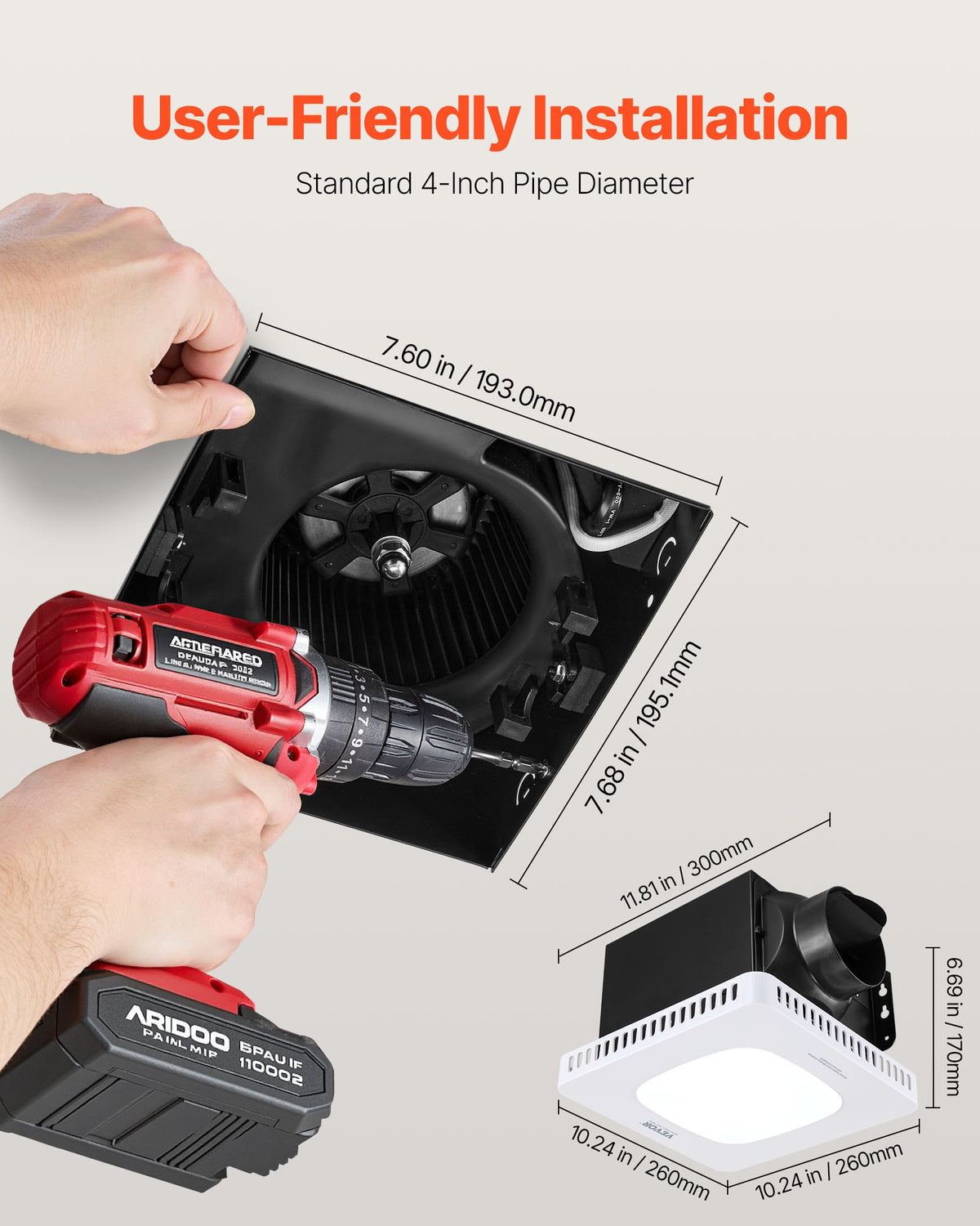 VEVOR Bathroom Exhaust Fan with LED Light, 80-110-130 CFM Bathroom Vent Three Gear Color Temp, 1.5 Sones Low-Noise, Premium AC Motor Ceiling Fan for Laundry Room, Storage Room, Home Ventilation, White - DDYSPQSW508024Y8G001V6 - view 5