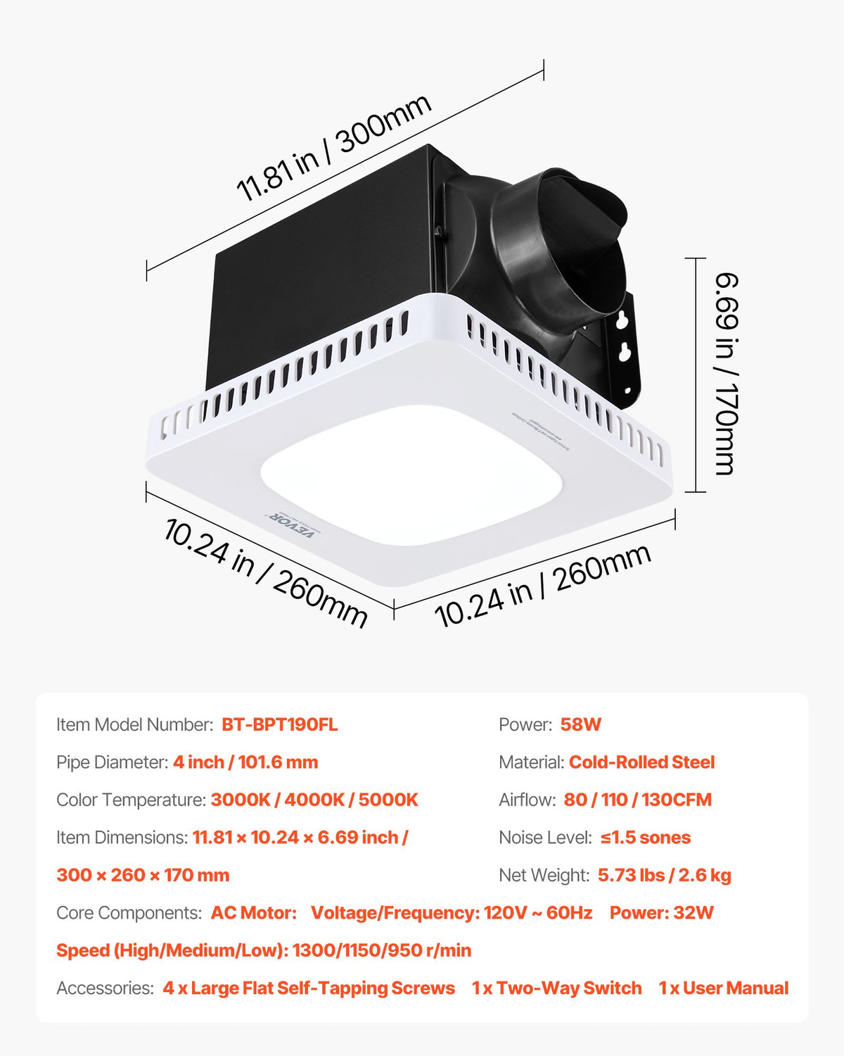 VEVOR Bathroom Exhaust Fan with LED Light, 80-110-130 CFM Bathroom Vent Three Gear Color Temp, 1.5 Sones Low-Noise, Premium AC Motor Ceiling Fan for Laundry Room, Storage Room, Home Ventilation, White - DDYSPQSW508024Y8G001V6 - view 8
