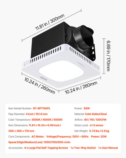 VEVOR Bathroom Exhaust Fan with LED Light, 80-110-130 CFM Bathroom Vent Three Gear Color Temp, 1.5 Sones Low-Noise, Premium AC Motor Ceiling Fan for Laundry Room, Storage Room, Home Ventilation, White - DDYSPQSW508024Y8G001V6 - view 8