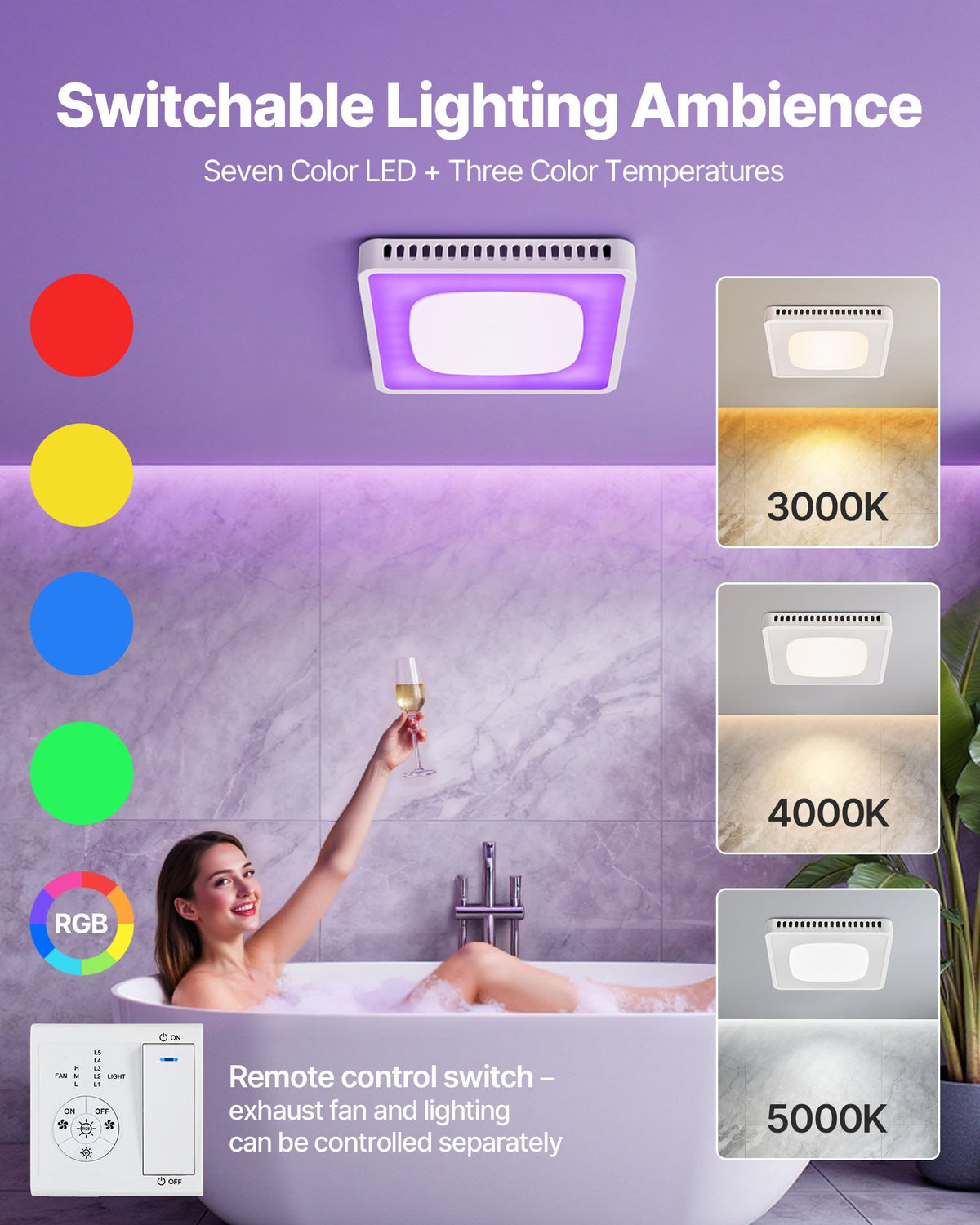 VEVOR Bathroom Exhaust Fan, 80-110-130 CFM Bathroom Vent with Seven Colors RGB Lights, 1.5 Sones Low-Noise, Premium DC Motor Ceiling Fan for KTV Laundry Room, Storage Room, Ventilation, White - DDYSPQSW5080GFLQI001V6 - view 4