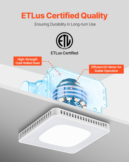 VEVOR Bathroom Exhaust Fan, 80-110-130 CFM Bathroom Vent with Seven Colors RGB Lights, 1.5 Sones Low-Noise, Premium DC Motor Ceiling Fan for KTV Laundry Room, Storage Room, Ventilation, White - DDYSPQSW5080GFLQI001V6 - view 7