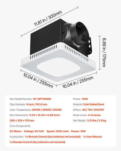 VEVOR Bathroom Exhaust Fan, 80-110-130 CFM Bathroom Vent with Seven Colors RGB Lights, 1.5 Sones Low-Noise, Premium DC Motor Ceiling Fan for KTV Laundry Room, Storage Room, Ventilation, White - DDYSPQSW5080GFLQI001V6 - view 8