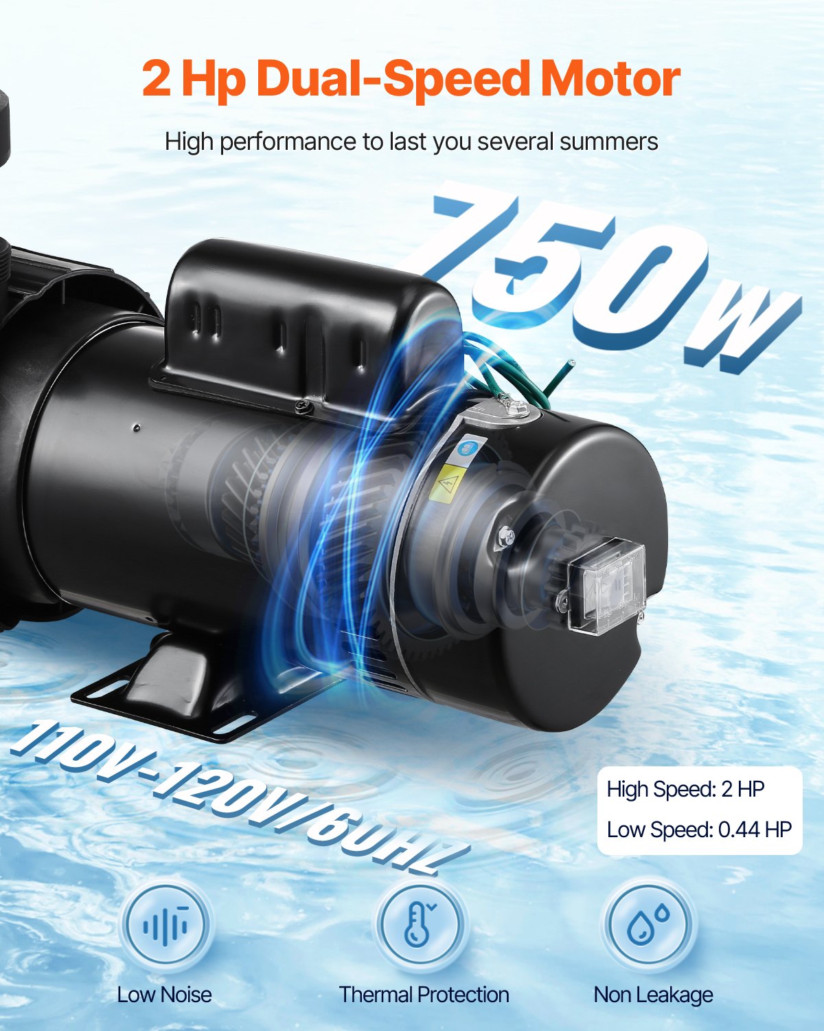VEVOR Above Ground Pool Pump, 2HP/0.44HP, Dual Speed Swimming Pool Pump, High 118 GPM 56 ft Lift, Low 57 GPM 14 ft Lift, 110V 3450 RPM with Strainer Basket, 122°F Max Water Temp, for Hot Tubs Spas - DDYYCB110V206QFGJ001V1 - view 4