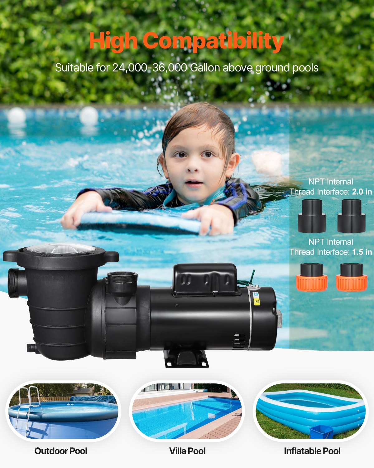VEVOR Above Ground Pool Pump, 2HP/0.44HP, Dual Speed Swimming Pool Pump, High 118 GPM 56 ft Lift, Low 57 GPM 14 ft Lift, 110V 3450 RPM with Strainer Basket, 122°F Max Water Temp, for Hot Tubs Spas - DDYYCB110V206QFGJ001V1 - view 5