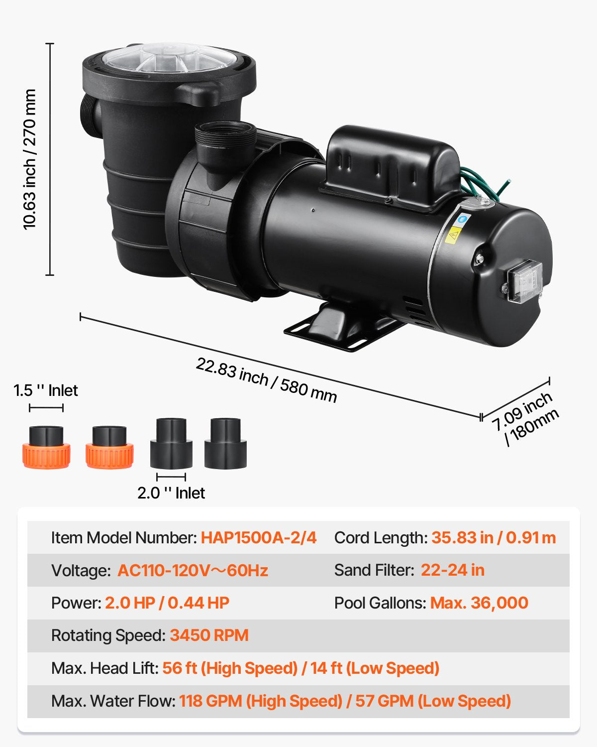 VEVOR Above Ground Pool Pump, 2HP/0.44HP, Dual Speed Swimming Pool Pump, High 118 GPM 56 ft Lift, Low 57 GPM 14 ft Lift, 110V 3450 RPM with Strainer Basket, 122°F Max Water Temp, for Hot Tubs Spas - DDYYCB110V206QFGJ001V1 - view 8