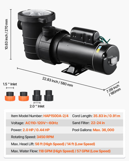 VEVOR Above Ground Pool Pump, 2HP/0.44HP, Dual Speed Swimming Pool Pump, High 118 GPM 56 ft Lift, Low 57 GPM 14 ft Lift, 110V 3450 RPM with Strainer Basket, 122°F Max Water Temp, for Hot Tubs Spas - DDYYCB110V206QFGJ001V1 - view 8