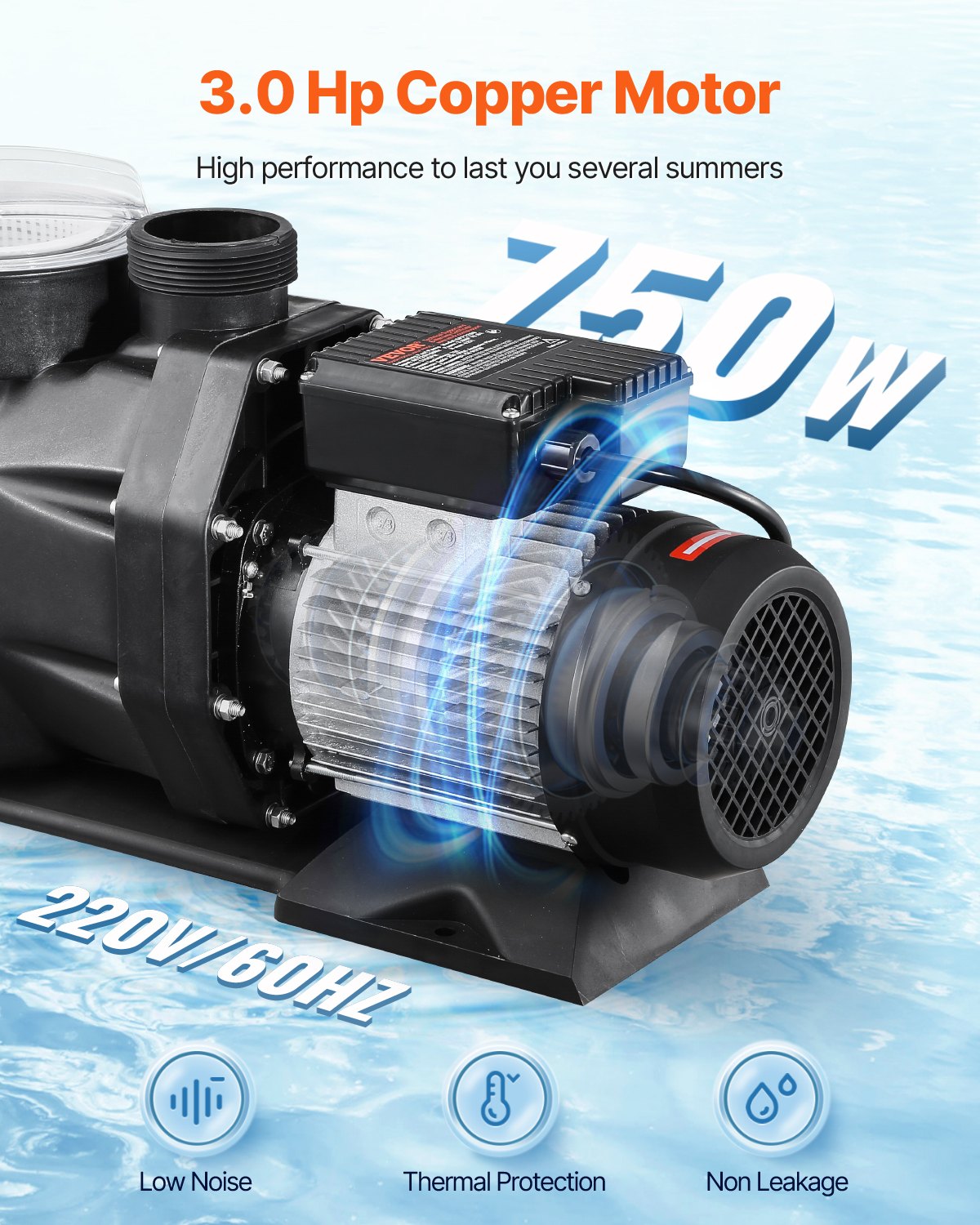 VEVOR Above Ground Pool Pump, 3 HP, 149 GPM Max Flow Single Speed Swimming Pool Pump, 220V 3450 RPM 42 ft Max Head Lift with PP Shell Strainer Basket, 122°F Max Water Temp, for Hot Tubs Spas, No Plug - DDYYCBDS220VGIPTSV7 - view 4