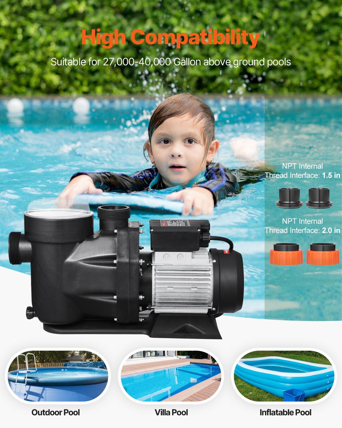 VEVOR Above Ground Pool Pump, 3 HP, 149 GPM Max Flow Single Speed Swimming Pool Pump, 220V 3450 RPM 42 ft Max Head Lift with PP Shell Strainer Basket, 122°F Max Water Temp, for Hot Tubs Spas, No Plug - DDYYCBDS220VGIPTSV7 - view 5