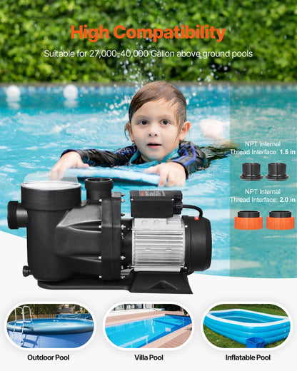 VEVOR Above Ground Pool Pump, 3 HP, 149 GPM Max Flow Single Speed Swimming Pool Pump, 220V 3450 RPM 42 ft Max Head Lift with PP Shell Strainer Basket, 122°F Max Water Temp, for Hot Tubs Spas, No Plug - DDYYCBDS220VGIPTSV7 - view 5