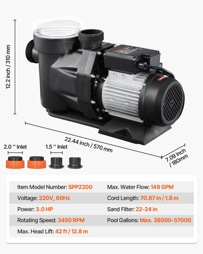VEVOR Above Ground Pool Pump, 3 HP, 149 GPM Max Flow Single Speed Swimming Pool Pump, 220V 3450 RPM 42 ft Max Head Lift with PP Shell Strainer Basket, 122°F Max Water Temp, for Hot Tubs Spas, No Plug - DDYYCBDS220VGIPTSV7 - view 8