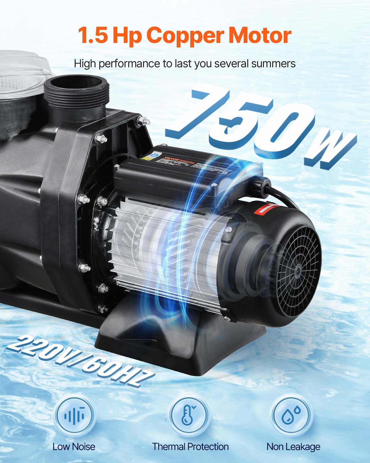 VEVOR Above Ground Pool Pump, 1.5HP, 122 GPM Max Flow Single Speed Swimming Pool Pump, 220V 3450 RPM 55 ft Max Head Lift with PP Shell Strainer Basket, 122°F Max Water Temp, for Hot Tubs Spas, No Plug - DDYYCBDS220VJUV4LV7 - view 4