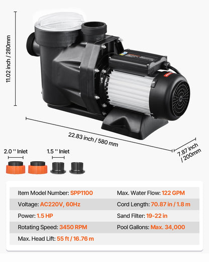VEVOR Above Ground Pool Pump, 1.5HP, 122 GPM Max Flow Single Speed Swimming Pool Pump, 220V 3450 RPM 55 ft Max Head Lift with PP Shell Strainer Basket, 122°F Max Water Temp, for Hot Tubs Spas, No Plug - DDYYCBDS220VJUV4LV7 - view 8