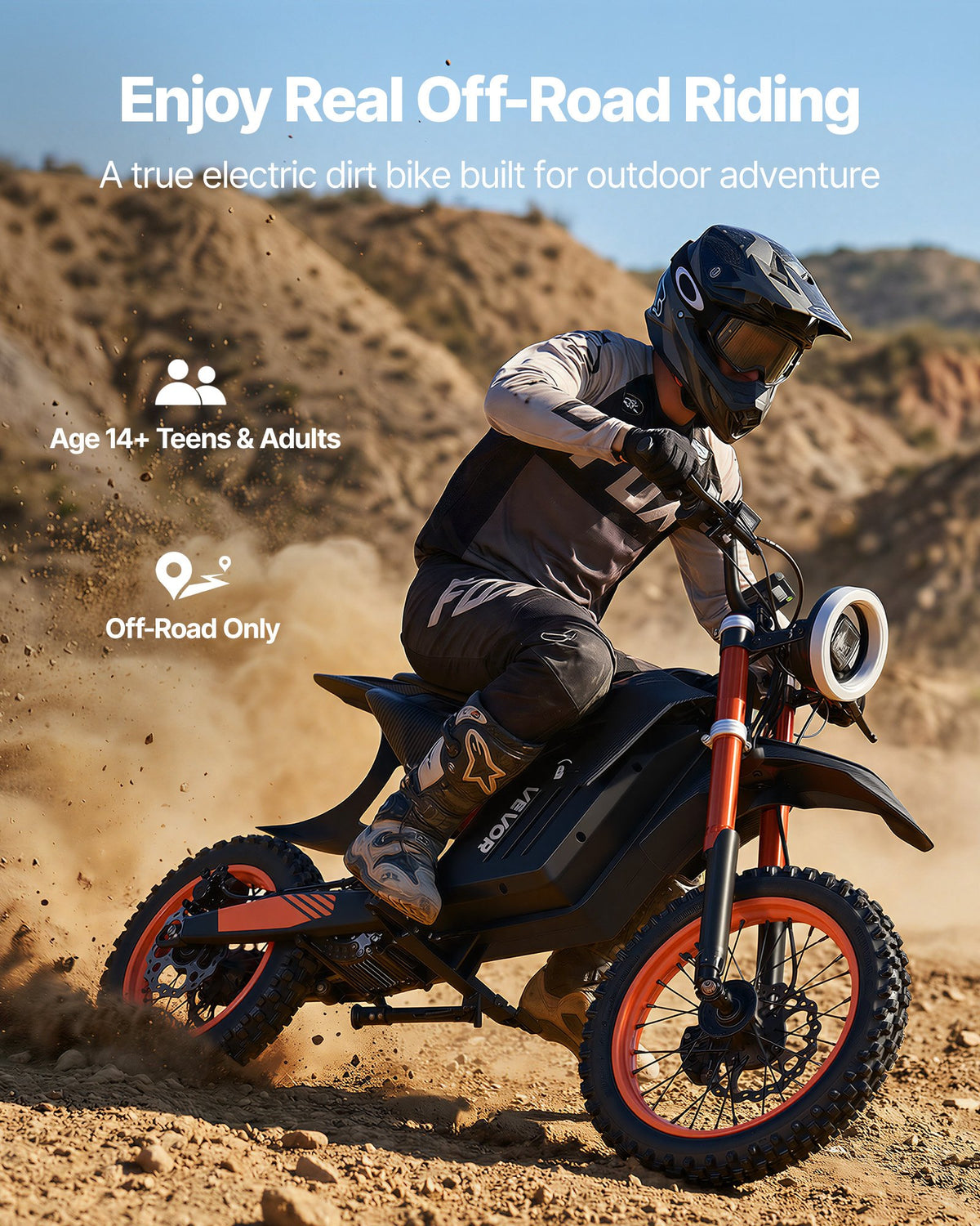 VEVOR Electric Dirt Bike for Teens Adults, 2000W Motor, 31 MPH Speed, 31 Miles Max Range, 48V 22.5Ah Battery, Off-Road Motorcycle with Light, Display, Dual Suspension & Hydraulic Brakes for Age 14+ - DDYYMT48V21AQ73JH001V1 - view 3