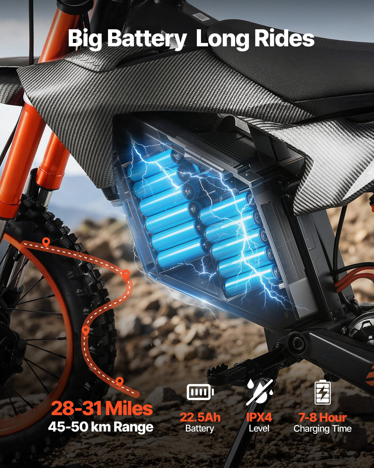 VEVOR Electric Dirt Bike for Teens Adults, 2000W Motor, 31 MPH Speed, 31 Miles Max Range, 48V 22.5Ah Battery, Off-Road Motorcycle with Light, Display, Dual Suspension & Hydraulic Brakes for Age 14+ - DDYYMT48V21AQ73JH001V1 - view 4