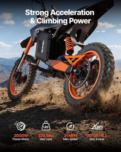 VEVOR Electric Dirt Bike for Teens Adults, 2000W Motor, 31 MPH Speed, 31 Miles Max Range, 48V 22.5Ah Battery, Off-Road Motorcycle with Light, Display, Dual Suspension & Hydraulic Brakes for Age 14+ - DDYYMT48V21AQ73JH001V1 - view 5