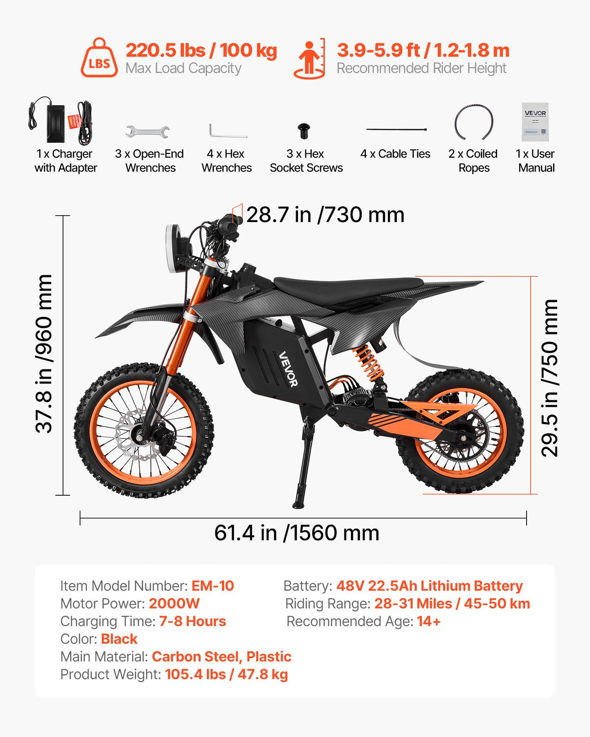 VEVOR Electric Dirt Bike for Teens Adults, 2000W Motor, 31 MPH Speed, 31 Miles Max Range, 48V 22.5Ah Battery, Off-Road Motorcycle with Light, Display, Dual Suspension & Hydraulic Brakes for Age 14+ - DDYYMT48V21AQ73JH001V1 - view 8