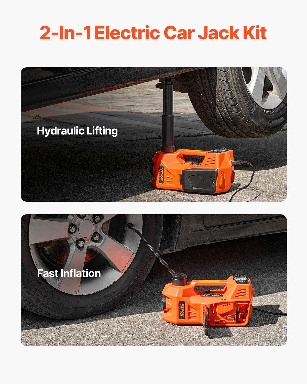 VEVOR Electric Car Jack, 5 Tons /11000 lbs, Electric Scissor Jack with Built-In Inflator, 12V Adjustable Tire Change Replacement with Secure Hammer & LED Light, Portable Jack kit for Sedan, SUV, Truck - DDYYQJDTJJTD54OTNV9 - view 3