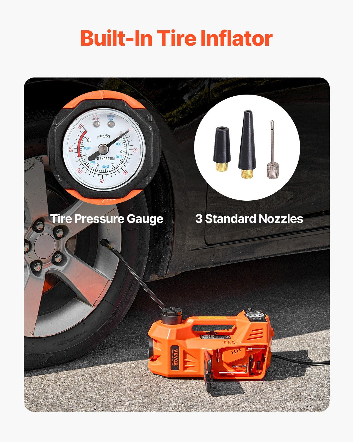 VEVOR Electric Car Jack, 5 Tons /11000 lbs, Electric Scissor Jack with Built-In Inflator, 12V Adjustable Tire Change Replacement with Secure Hammer & LED Light, Portable Jack kit for Sedan, SUV, Truck - DDYYQJDTJJTD54OTNV9 - view 6