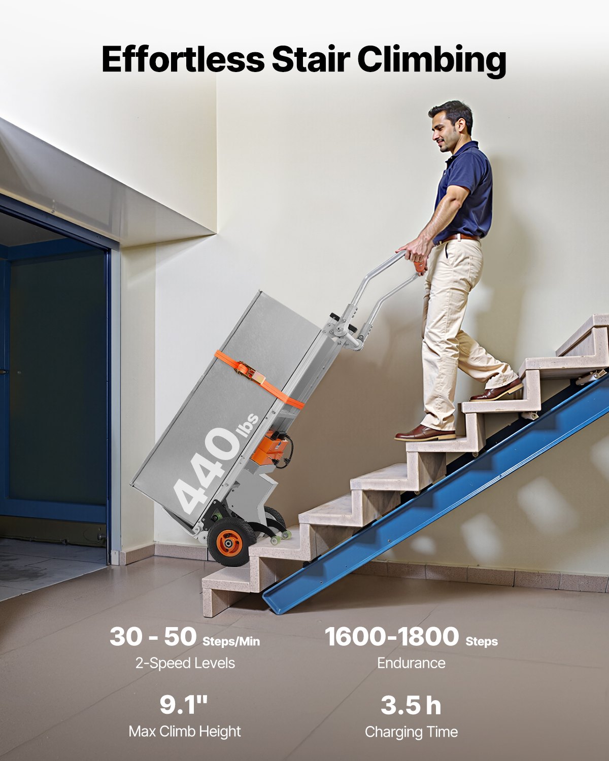 VEVOR Electric Stair Climbing Dolly, 440lbs Capacity Electric Stair Climbing Hand Trucks with 157.5in Rope & Folding Handle, Heavy Duty Stair Climber for Warehouse Logistics, Moving Furniture(Silver) - DDZLPLC440LB3TZEYV1 - view 3