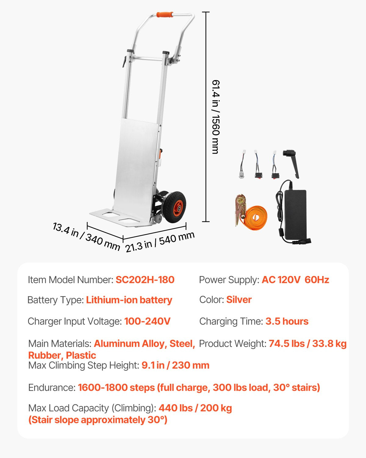 VEVOR Electric Stair Climbing Dolly, 440lbs Capacity Electric Stair Climbing Hand Trucks with 157.5in Rope & Folding Handle, Heavy Duty Stair Climber for Warehouse Logistics, Moving Furniture(Silver) - DDZLPLC440LB3TZEYV1 - view 8