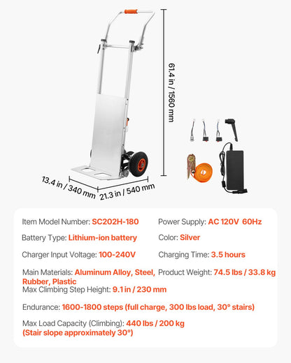 VEVOR Electric Stair Climbing Dolly, 440lbs Capacity Electric Stair Climbing Hand Trucks with 157.5in Rope & Folding Handle, Heavy Duty Stair Climber for Warehouse Logistics, Moving Furniture(Silver) - DDZLPLC440LB3TZEYV1 - view 8