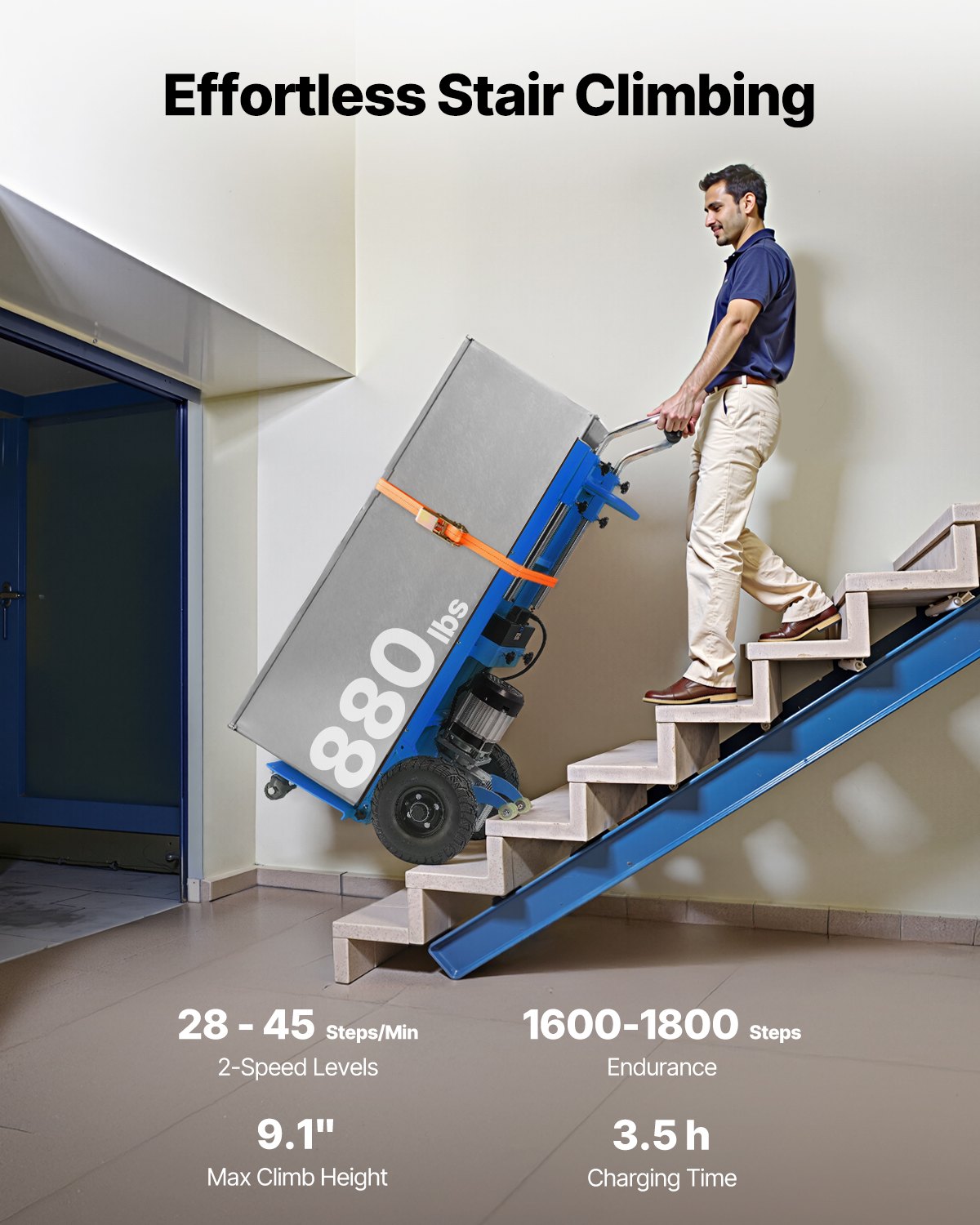 VEVOR Electric Stair Climbing Dolly, 880lbs Electric Stair Climbing Hand Trucks with 157.5in Rope & Extendable Handle, Heavy Duty Stair Climber for Warehouse Logistics, Moving Furniture(Blue) - DDZLPLC880LBAYRVWV1 - view 3