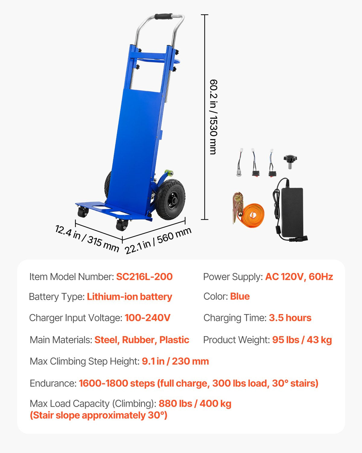 VEVOR Electric Stair Climbing Dolly, 880lbs Electric Stair Climbing Hand Trucks with 157.5in Rope & Extendable Handle, Heavy Duty Stair Climber for Warehouse Logistics, Moving Furniture(Blue) - DDZLPLC880LBAYRVWV1 - view 8