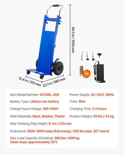 VEVOR Electric Stair Climbing Dolly, 880lbs Electric Stair Climbing Hand Trucks with 157.5in Rope & Extendable Handle, Heavy Duty Stair Climber for Warehouse Logistics, Moving Furniture(Blue) - DDZLPLC880LBAYRVWV1 - view 8