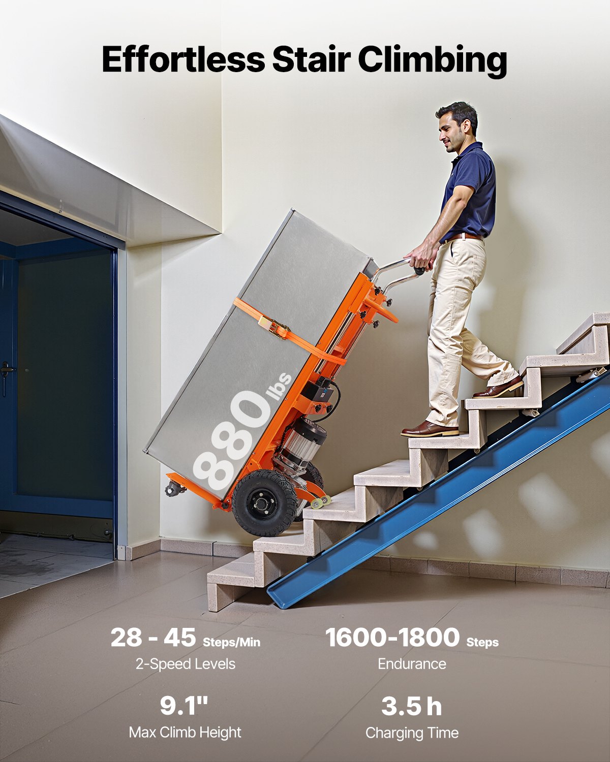 VEVOR Electric Stair Climbing Dolly, 880lbs Electric Stair Climbing Hand Trucks with 157.5in Rope & Extendable Handle, Heavy Duty Stair Climber for Warehouse Logistics, Moving Furniture(Orange) - DDZLPLC880LBMW9V3V1 - view 3