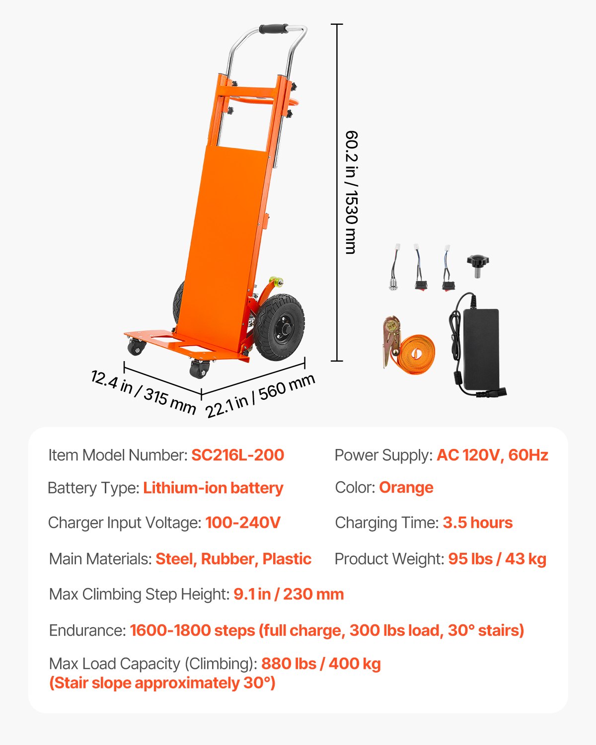 VEVOR Electric Stair Climbing Dolly, 880lbs Electric Stair Climbing Hand Trucks with 157.5in Rope & Extendable Handle, Heavy Duty Stair Climber for Warehouse Logistics, Moving Furniture(Orange) - DDZLPLC880LBMW9V3V1 - view 8
