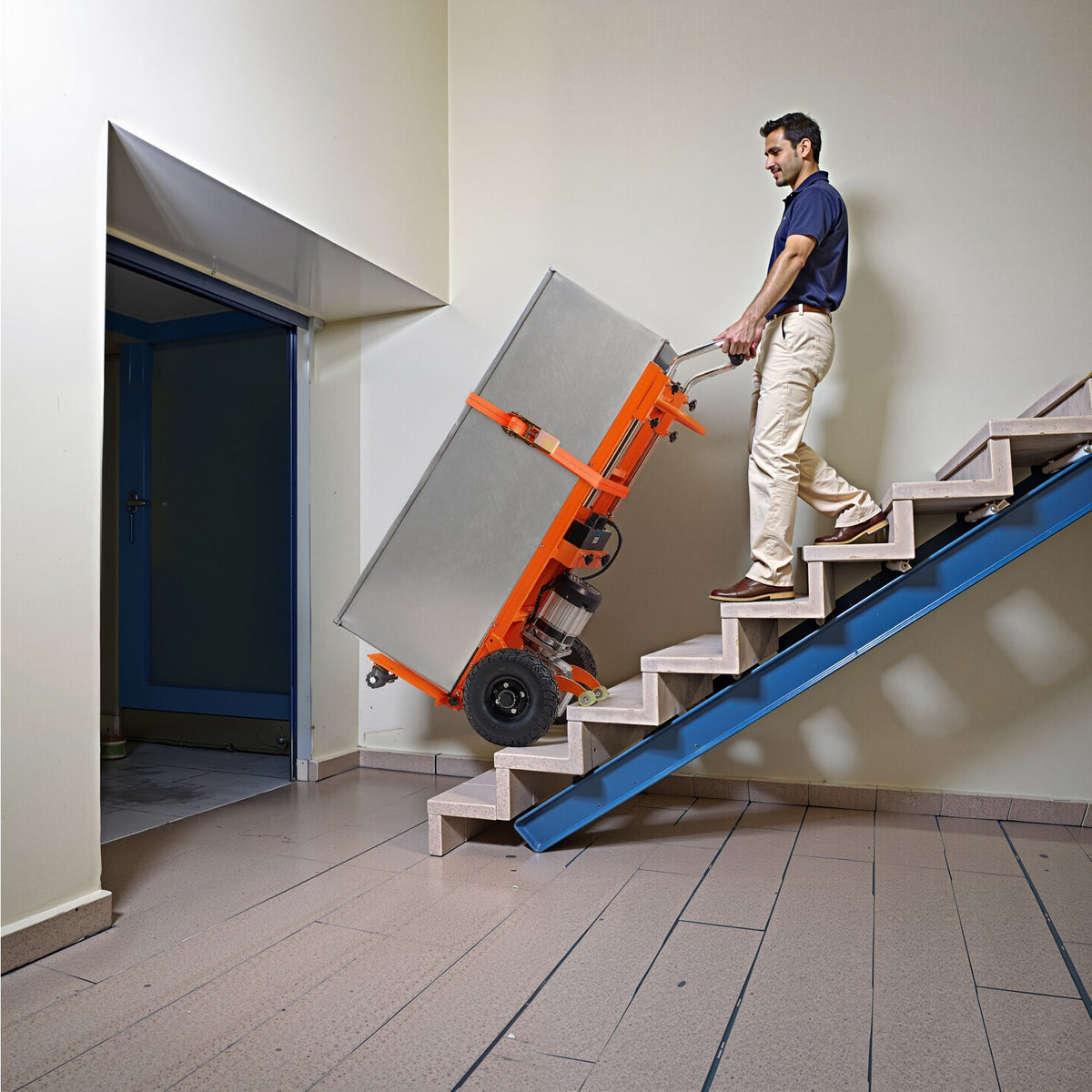 VEVOR Electric Stair Climbing Dolly, 880lbs Electric Stair Climbing Hand Trucks with 157.5in Rope & Extendable Handle, Heavy Duty Stair Climber for Warehouse Logistics, Moving Furniture(Orange) - DDZLPLC880LBMW9V3V1 - view 9