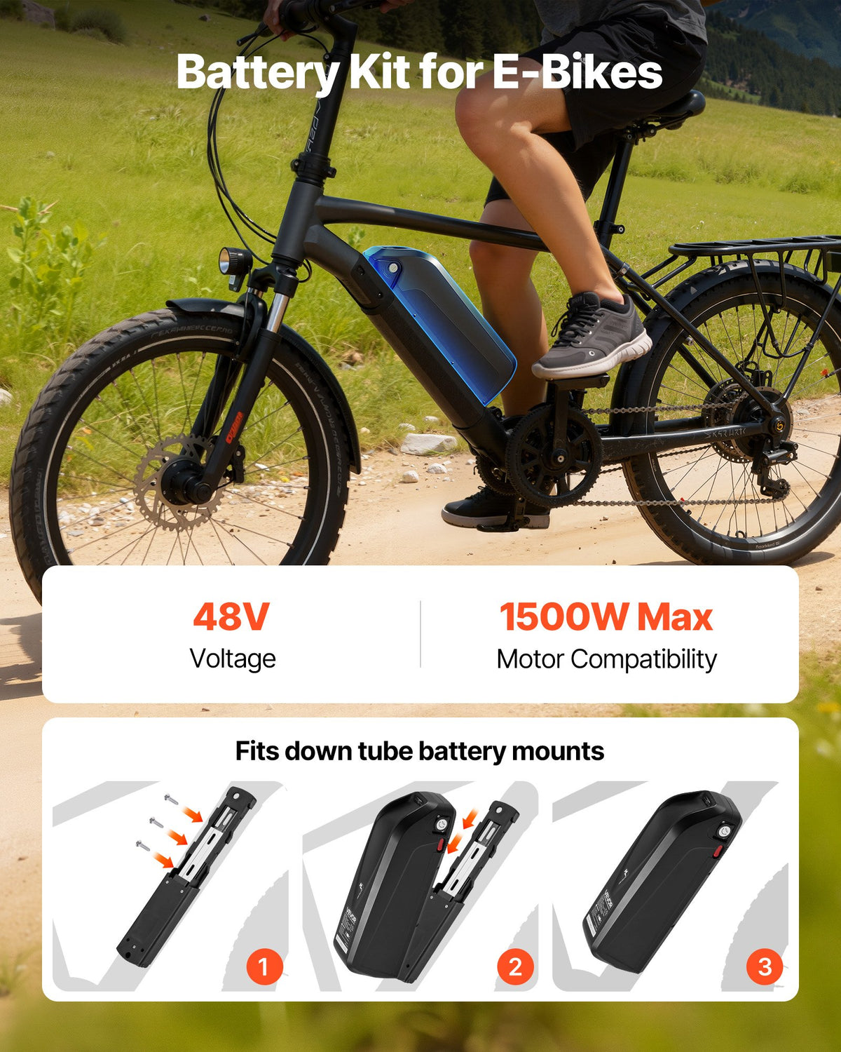 VEVOR Ebike Battery, 48V 20Ah Electric Bike Lithium Battery Pack with BMS, USB Charge Port, 3A Charger & Lock for 1500W E-Bike Motor, Detachable Electric Bicycle Replacement Kit with Discharge Socket - DDZXCDCXGAZ4PTKTA001V1 - view 3