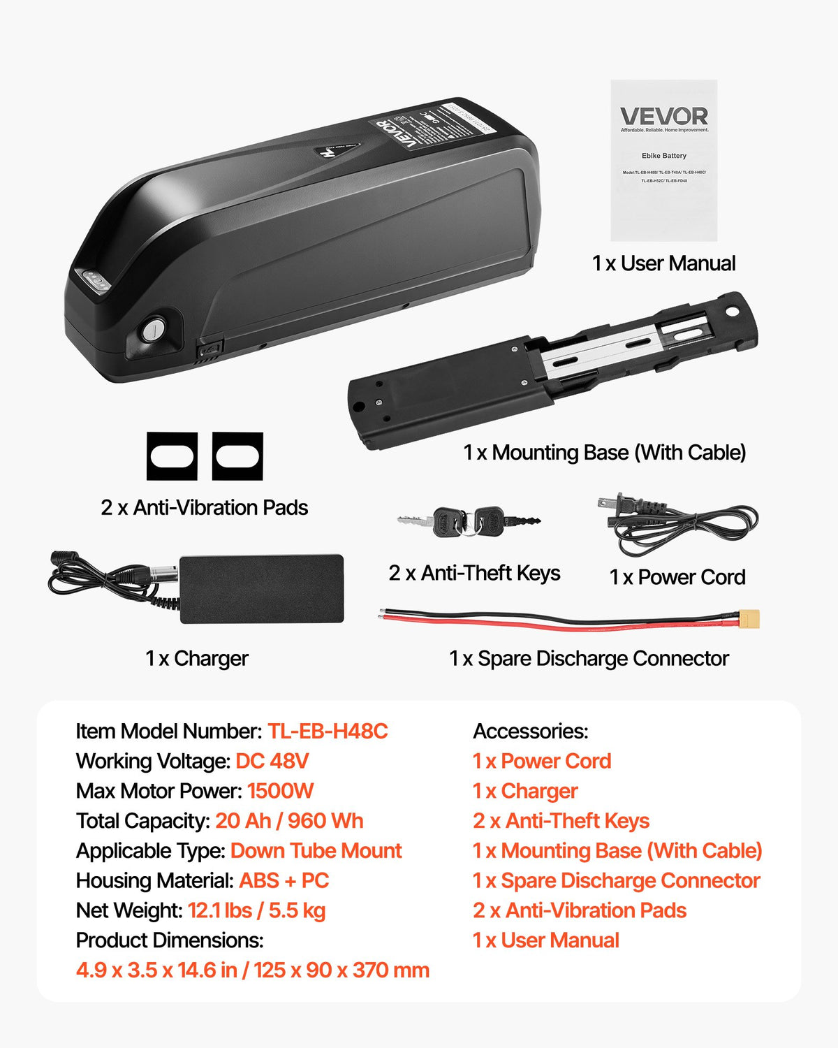 VEVOR Ebike Battery, 48V 20Ah Electric Bike Lithium Battery Pack with BMS, USB Charge Port, 3A Charger & Lock for 1500W E-Bike Motor, Detachable Electric Bicycle Replacement Kit with Discharge Socket - DDZXCDCXGAZ4PTKTA001V1 - view 8
