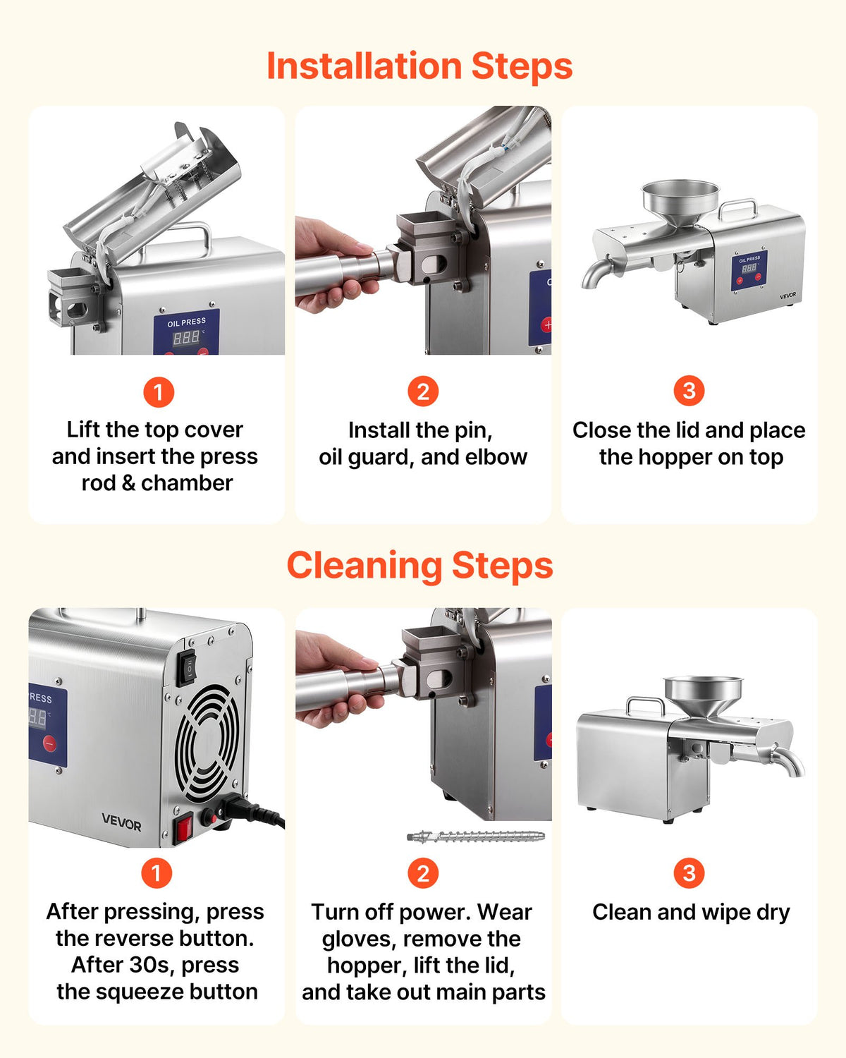 VEVOR Oil Press Machine, 8.27 LBS/H Capacity, 750W Oil Extractor Machine, Automatic Electric Oil Maker for Home Commercial Use, 122℉–572℉ Hot Pressing for Peanuts Sesames Soybeans Almonds - DDZYJ1000W15QEA87001V1 - view 8