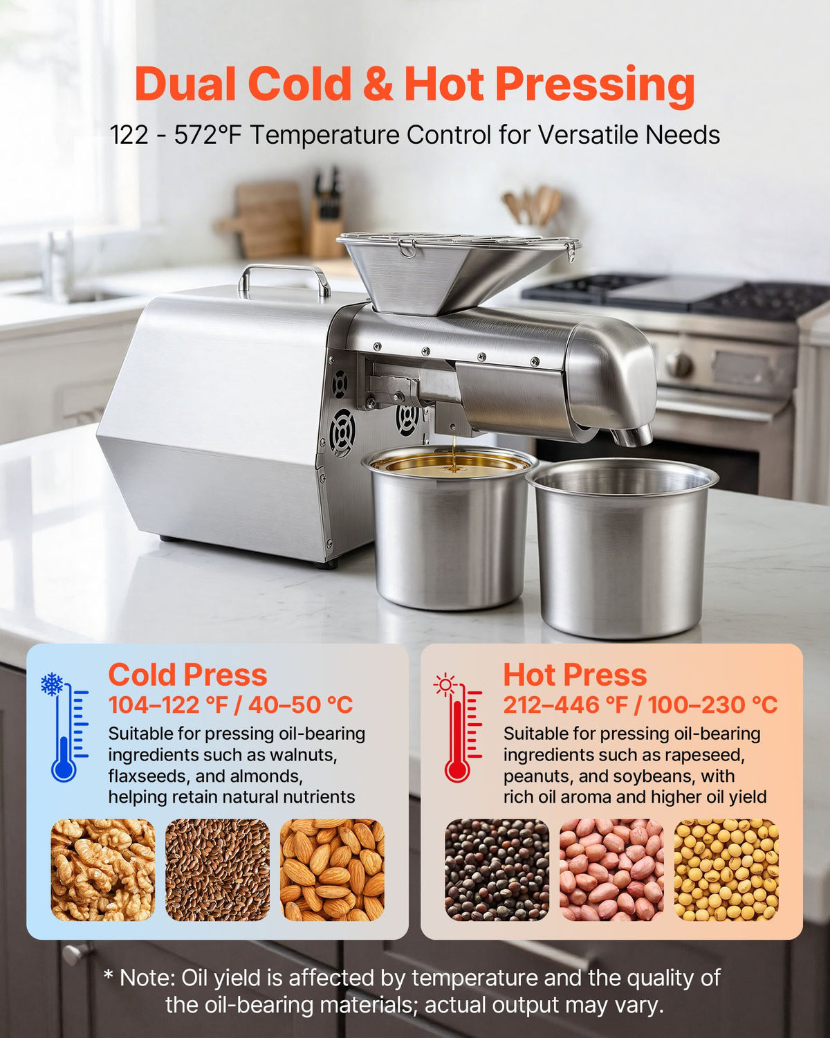 VEVOR Oil Press Machine, 11 LBS/H Capacity, 1250W Oil Extractor Machine, Automatic Electric Oil Maker for Home Commercial Use, 122℉–572℉ Hot & Cold Pressing for Peanuts Sesames Soybeans Almonds - DDZYJ1800W46V6XUI001V1 - view 3
