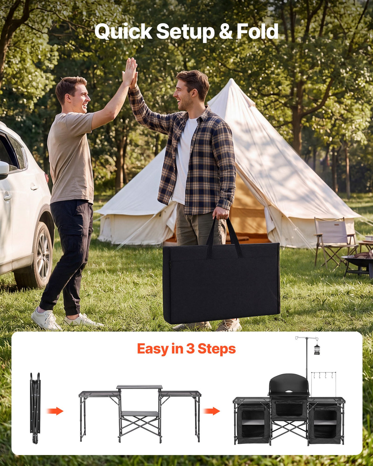 VEVOR Folding Camping Kitchen Table - Black, 3 cabinets - product view 3