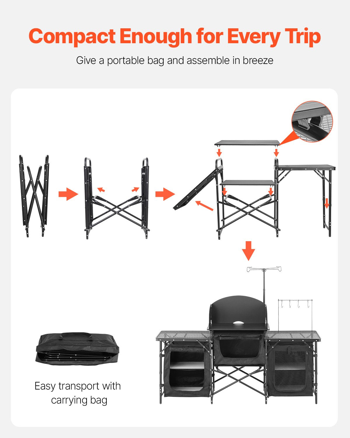 VEVOR Folding Camping Kitchen Table - Black, 3 cabinets - product view 3
