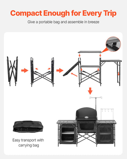 VEVOR Folding Camping Kitchen Table - Black, 3 cabinets - product view 3