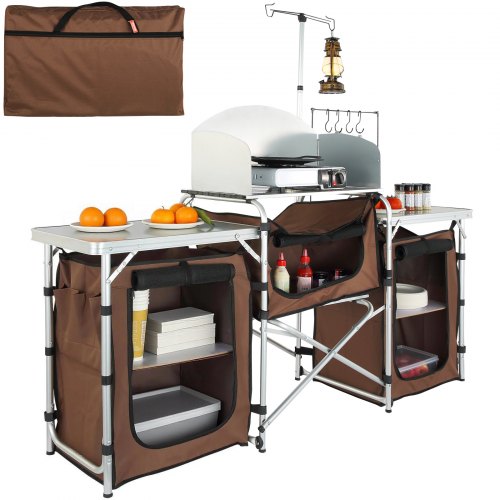 VEVOR Folding Camping Kitchen Table - Brown, 3 cabinets - product view 1