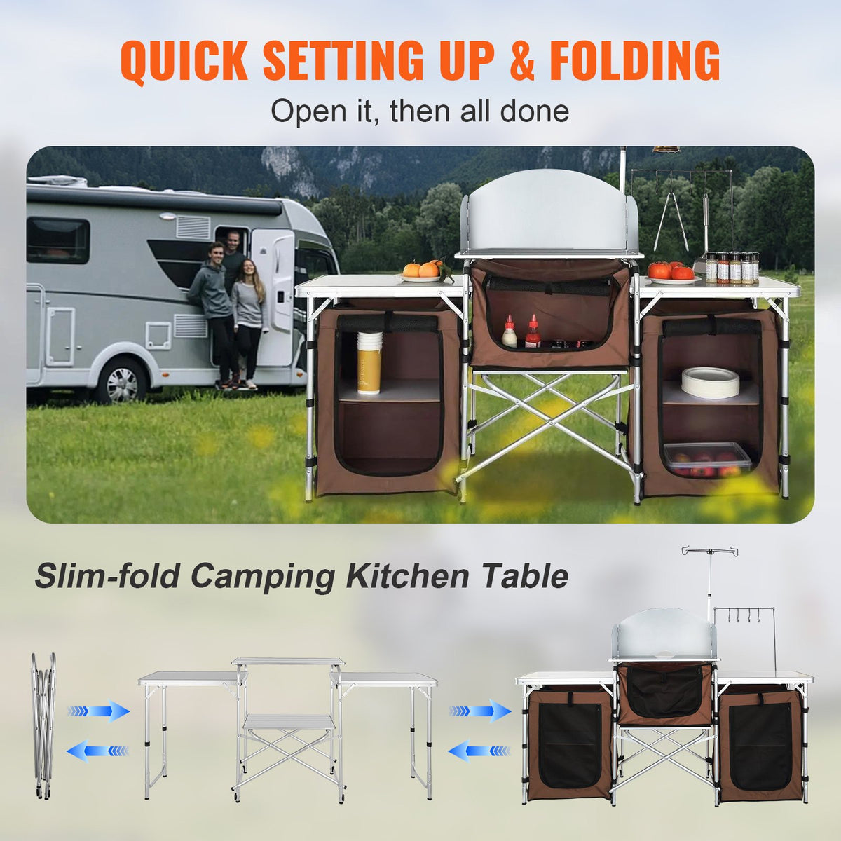 VEVOR Folding Camping Kitchen Table - Brown, 3 cabinets - product view 2