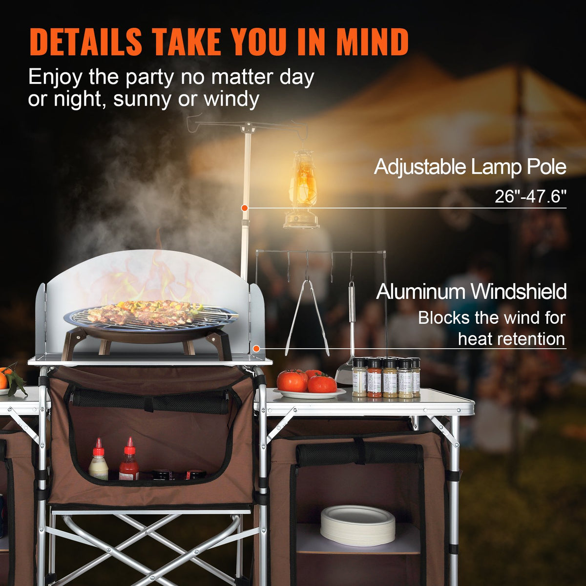 VEVOR Folding Camping Kitchen Table - Brown, 3 cabinets - product view 3