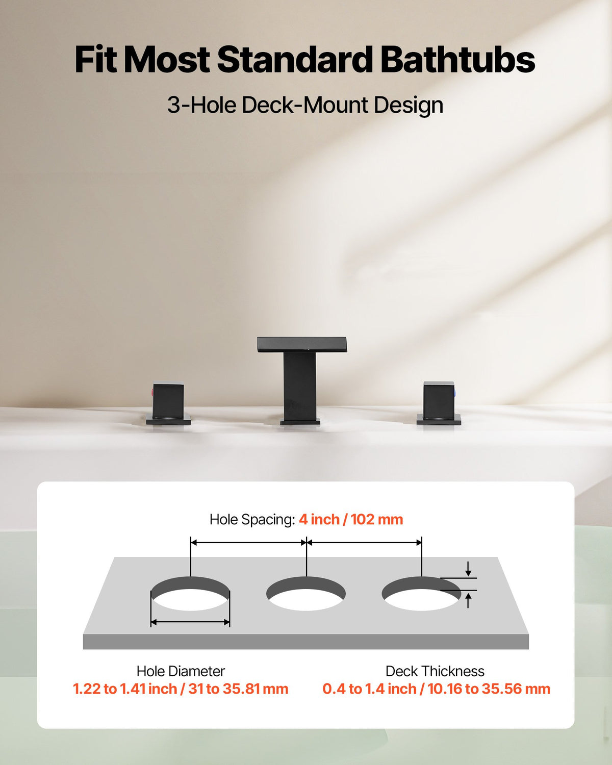 VEVOR Roman Tub Faucet, 3 Hole Waterfall Bathtub Faucet, Roman Bathtub Faucets Set with 2 Handles, Deck Mount Bath Tub Faucets Set for Pet Washing, Baby Care, Adult Bathing, Matte Black, Drip-Free - DFPTKBDHS2GS1UUDJ001V0 - view 4
